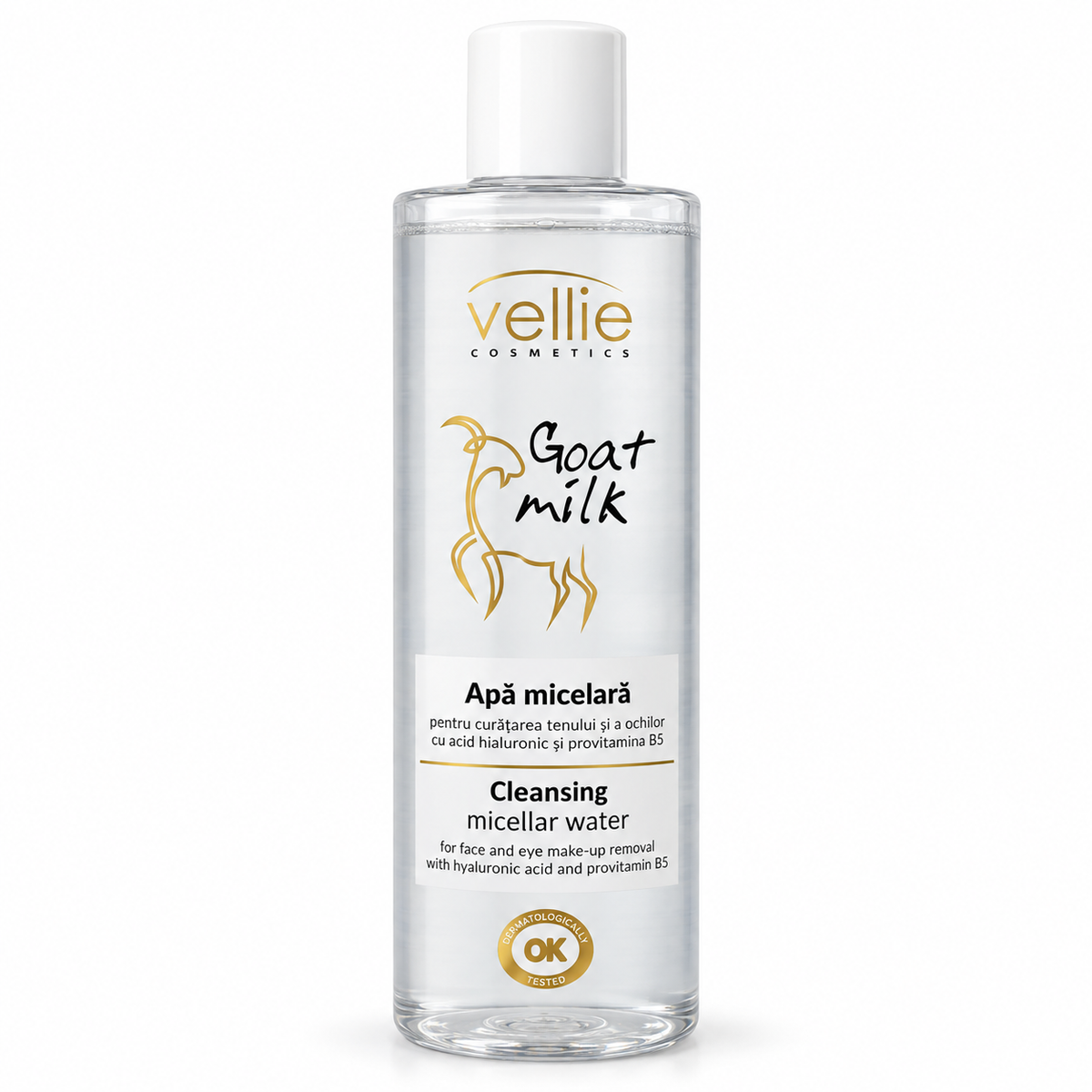 Vellie Goat Milk Apă Micelară cu Acid Hialuronic și Provitamina B5, Curățare Ten și Ochi, Lapte de Capră