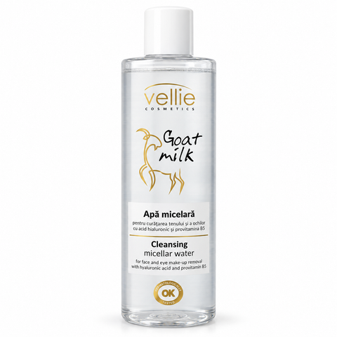 Vellie Goat Milk Apă Micelară cu Acid Hialuronic și Provitamina B5, Curățare Ten și Ochi, Lapte de Capră